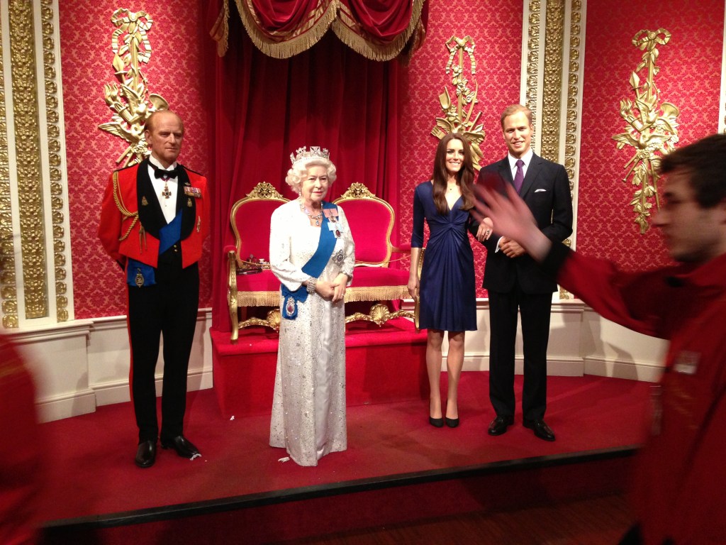Royals figures (Prince Philip, Queen Elizabeth II, Princess Kate Middleton and Prince William) at Madame Tussauds London