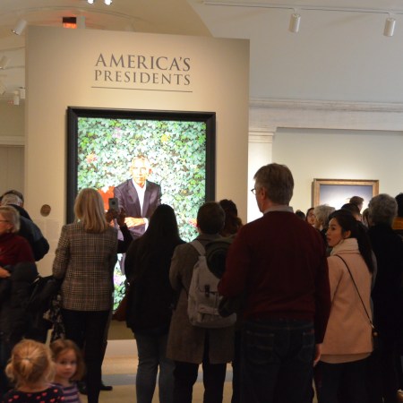 Crowds around Barack Obama painting