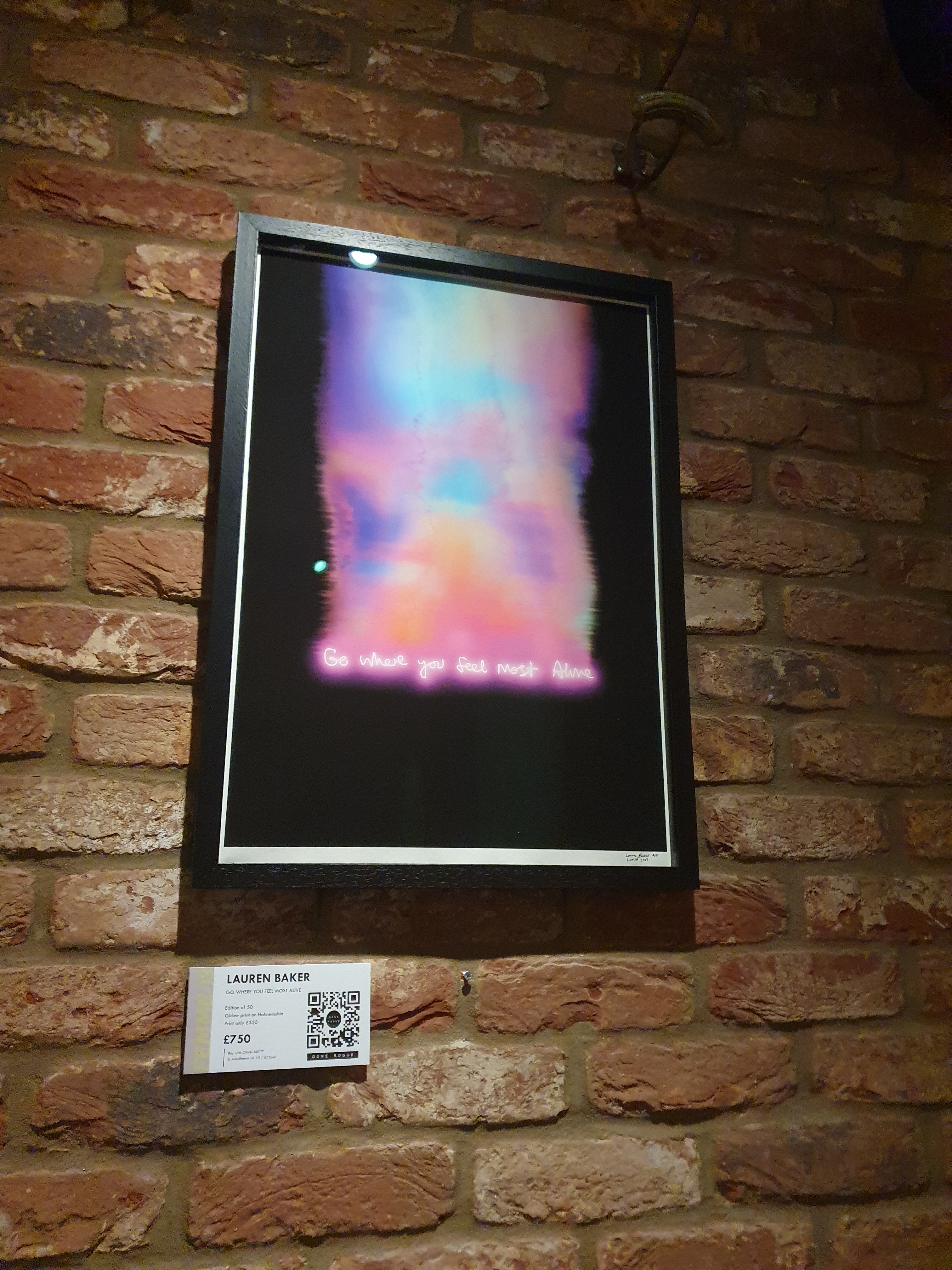 Lauren Baker's Go Where You Feel Most Alive is mounted on a brick wall