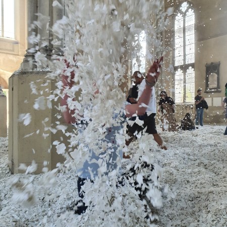 Confetti petals fill the frame as I throw them in the air